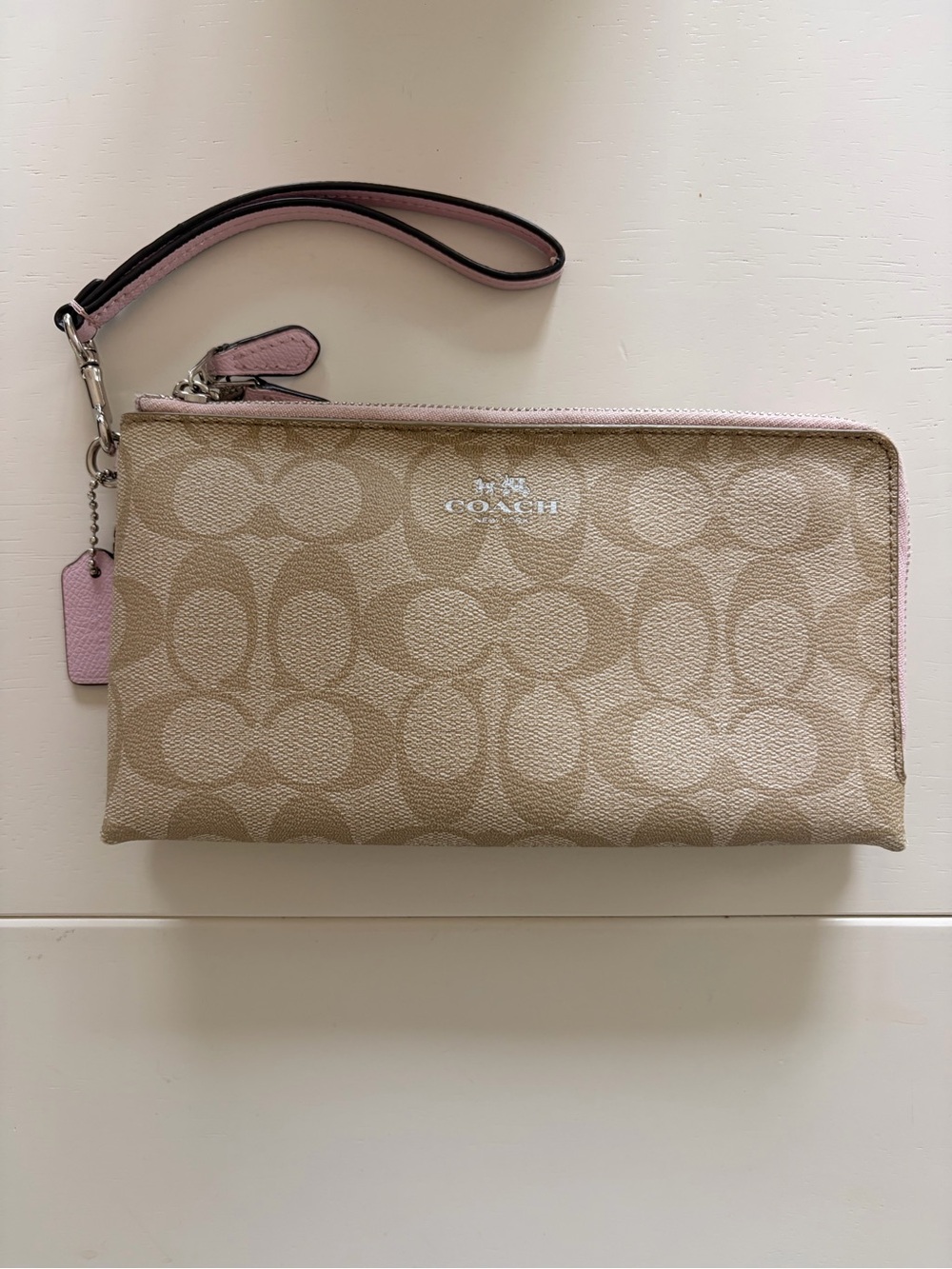 Coach Beige Canvas Wristlet with Pink Trim and Tag
